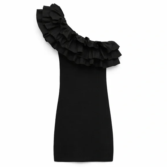 Zara Black One-Shoulder Knit Ruffle Dress - Size Small (NWOT) - Picture 2 of 2